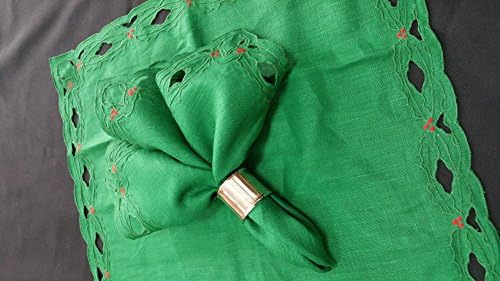 Linen Dinner Napkins with Small Red Flowers - Green Christmas Napkins - 1 Dozen