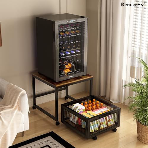 Beauenty Mini Fridge Stand, Beverage Fridge Table, 19.7" x 19.7" Mini Refrigerator Cart with Storage Drawer Basket, Coffee Bar Refrigerator Stand for Office Home Apartment
