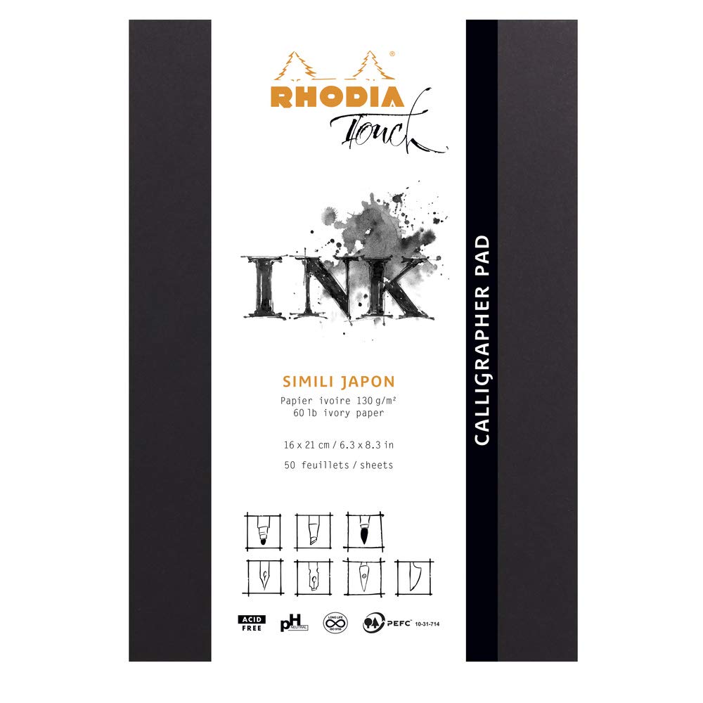 RHODIA TOUCH 116122C - Calligrapher Pad A5+ - 50 Sheets - Clairefontaine Imitation Japan Natural Plain Ivory Paper 130 g/m - for Drawing and Calligraphy, Suitable for India Ink