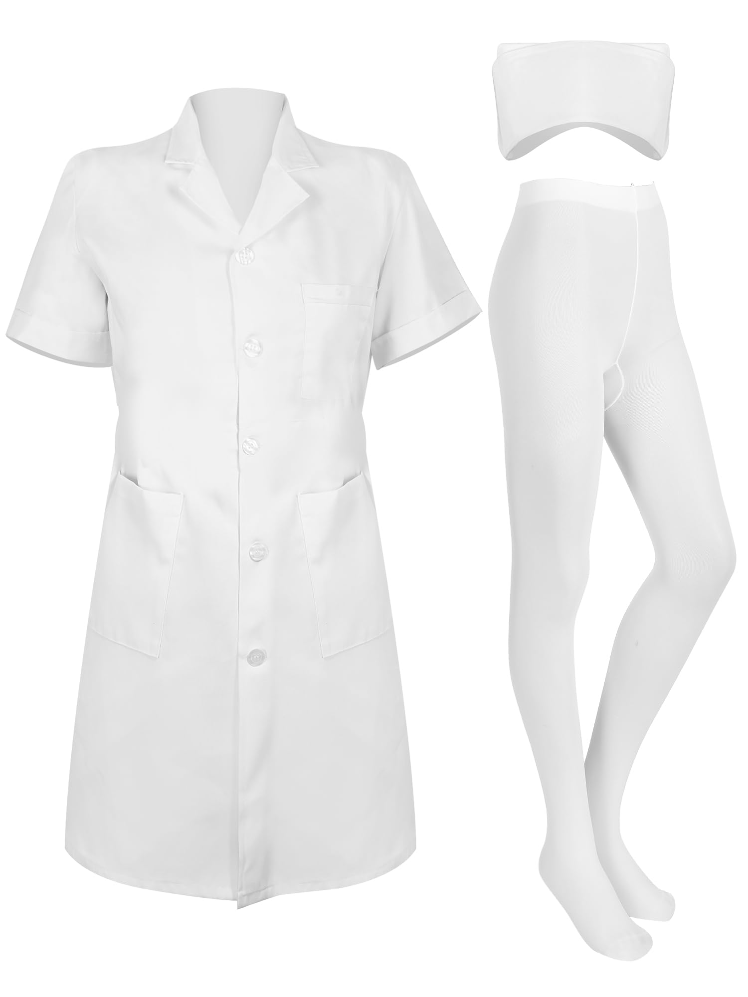 Photo 1 of Hercicy Nurse Dress Costume Set for Women White Short Sleeve Medical Lab Coat Nurse Cap Footed Pantyhose Halloween Cosplay(Classic Style,S)