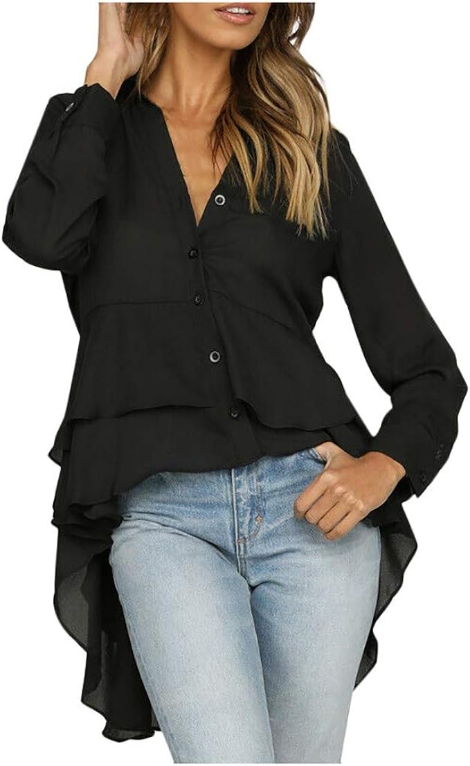 TOTOD Blouse Tops Women Elegant VNeck Long Sleeve Solid Pockets VNeck