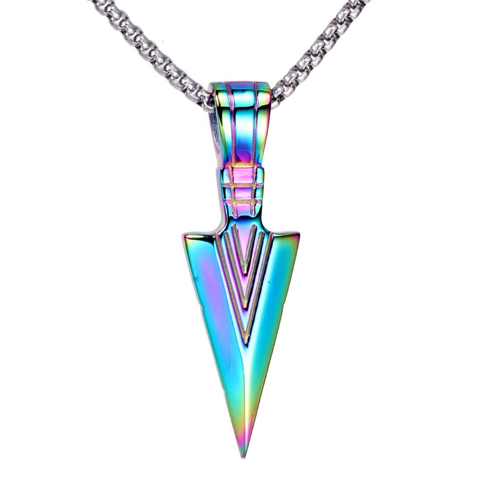 PAURO Mens Stainless Steel Jewellery Spear Point Arrowhead Pendant Necklace Rainbow with Silver Chain