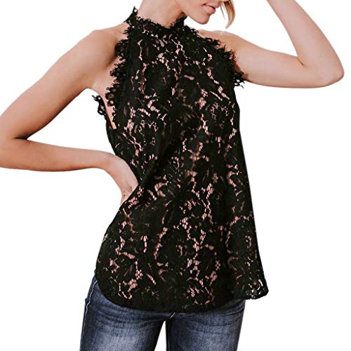 CHAELAKES Women Lace Tops Summer Casual Sleeveless O Neck Pleated Loose Hem Sexy Tank Top Blouse Shirt...