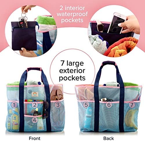 Mesh Beach Bag – Large Family Tote & Pool Bag - Extra Storage - 9 Oversized Pockets for Organization & Zippers, Comfortable Shoulder Strap - Stylish Blue and Pink - Women and Men 3 Mesh Beach Bag – Large Family Tote & Pool Bag - Extra Storage - 9 Oversized Pockets for Organization & Zippers, Comfortable Shoulder Strap - Stylish Blue and Pink - Women and Men