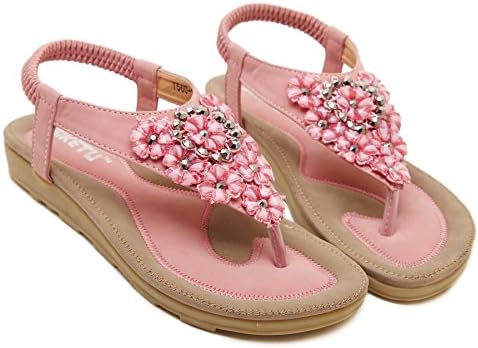 Womens Bohemian Flower Beads Summer Style Flat Sandal Gladiator Rhinestone Shoes Thong Yoga Ankle Strap (7 US/EU 38, Pink)