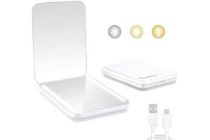 Kintion Rechargeable Pocket Mirror, Double Sided 1X/3X Magnification Compact Vanity Mirror, 3 Color Lights, Dimmable, Small Portable Wallet Mirror, Lighted Travel Mirror for Women Gifts, White