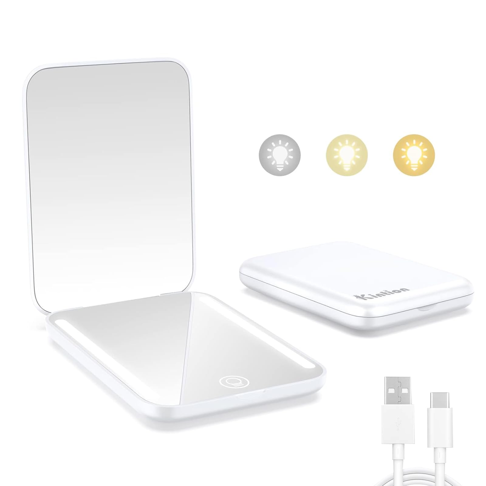 Photo 1 of Kintion Rechargeable Pocket Mirror, Double Sided 1X/3X Magnification Compact Vanity Mirror, 3 Color Lights, Dimmable, Small Portable Wallet Mirror, Lighted Travel Mirror for Women Gifts, White
