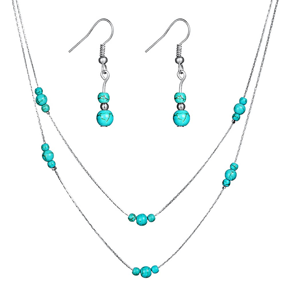 Wedity Double Layered Turquoise Necklace Earring Set Retro Round Turquoise Pendant Handmade Choker Necklaces Adjustable Jewelry for Women and Girls (Silver)