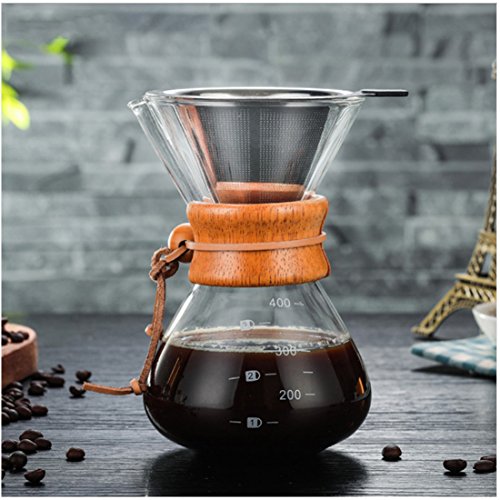 ATK 400ml Pour Over Coffee Dripper Manual Coffee Maker Paperless Stainless Steel Filter Glass Carafe Pot Percolators