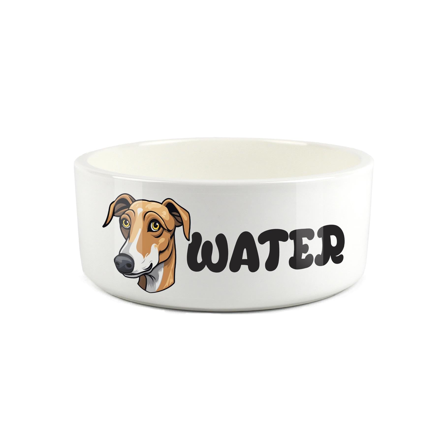 Greyhound Pet Bowl - Cartoon Dog Portrait Large Ceramic Water Bowl - Novelty White Water Dish For Dogs