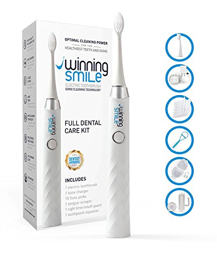 Winning Smile Electric Toothbrush Dental Kit for Adults – Best Sonic Power Cleaning Technology – Rechargeable Electronic Toothbrush with 2 Replacement Heads, Floss Picks, Tongue Scraper and Mouthguard