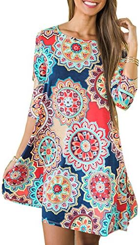 Women's 3/4 Sleeve Damask Floral Printed Tunic Dress Bohemian Swing Casual Midi Dress with Pocket Tunic Blouses for Leggings