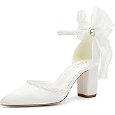 Dilhik Block Heel Wedding Shoes for Bride Bow Heels Pointed Toe Pearl Bridal Shoes Wedding Heels
