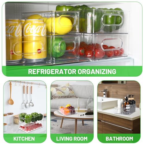 Royouzi Pack of 10 Fridge Storage Organizers, Transparent | Organisation Box with Handle & Lid, Fridge Storage Bin for Kitchens, Cupboards