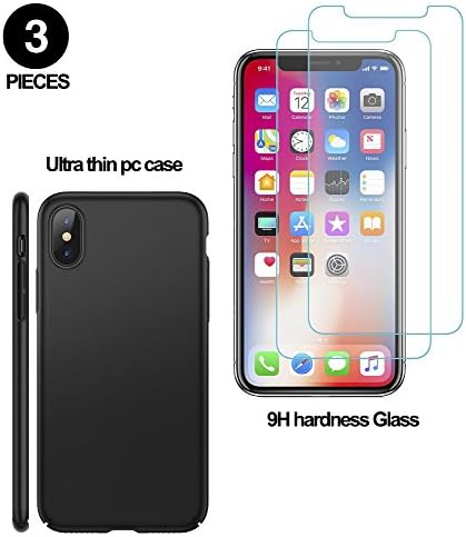 iPhone X Case, Ultra Slim Matte black pc hard phone case for iPhoneX, Screen Protector Tempered Glass Clear, Matte black Cover Case color (Black) 2 Pack for Apple iPhone X/10 (2017)