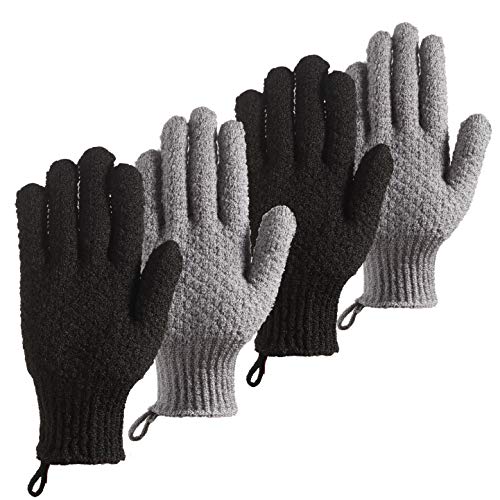 CLEEDY Bath Exfoliating Gloves - 4 Pcs Lengthened and Large Scrubbing Gloves for Shower, Spa, Massage - Scrub Mitts for Body, Face, Hand and Foot (Black and Gray)