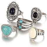 Aniywn Hot Sale! 5pcs/Set Women Bohemian Vintage Silver Stack Rings Above Knuckle Blue Rings Set (Free Size, Silver)