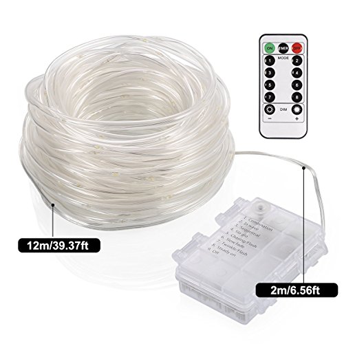 GreenClick LED Rope String Lights Battery Powered 120 LEDs Warm White Indoor Rope Lights With Romote Timer Waterproof 45Ft 8 Mode String Lights For Patio, Yard, Parties, Wedding