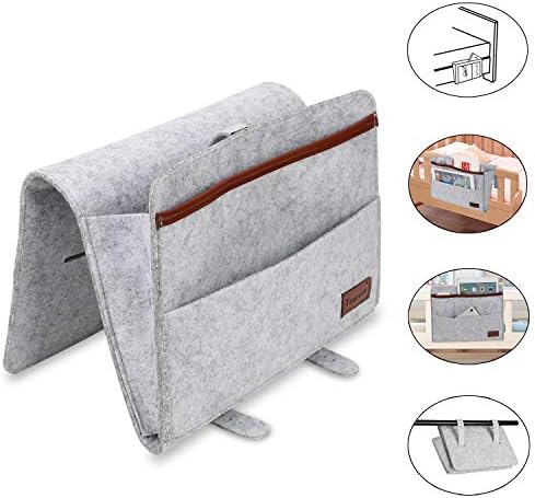Bedside Storage Pocket Organiser - Bedside Storage Caddy with 6 Pocket, Upgraded Bedside Organiser Folding Cover and Hanging Belt Combo Perfect for Bunk Beds, Sofa, Bed Rails, Baby Bed (Grey)