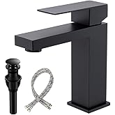 VSUNHOO Matte Black Bathroom Faucet, Modern Single Handle Square Bathroom Sink Faucet with Pop Up Drain Assembly, Stainless Steel Vanity Bathroom Faucets, Single Hole Deck Mount,BF011B