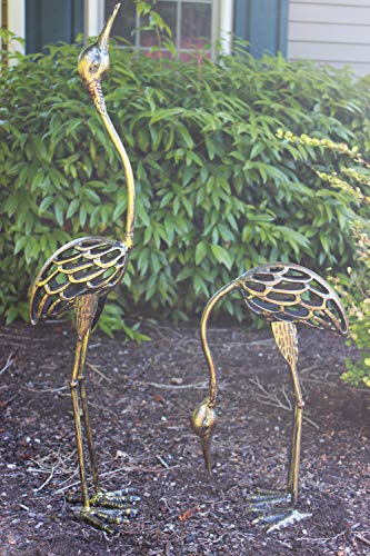 Seraphic Cast Iron Garden Decor Crane Bird Statue Set, Rustic Bronze - Thumbnail 2