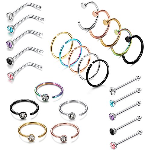 LOYALLOOK 25PCS Stainless Steel Fake Septum Ring Nose Hoop Piercing Clicker Ring Retainer Set Body Jewelry Piercing (E:Colourful-Tone 10MM Inner Size Hoop)