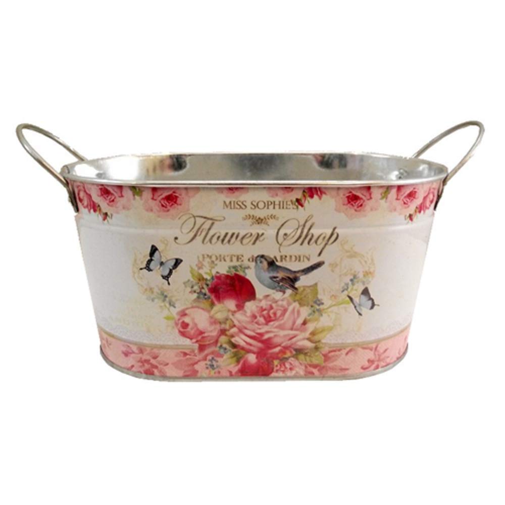 Metal Flower Plant Herb Bulb Pot Planter Trough Bluebird Pink Rose Butterfly Design "Flower Shop" French 22cm x 14cm