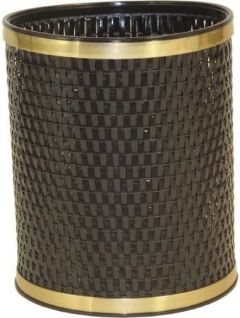 Capri Classic Round Wastebasket, Oval-Shaped Wicker Hamper with Matching Vinyl Lid (Espresso/Gold Trim)
