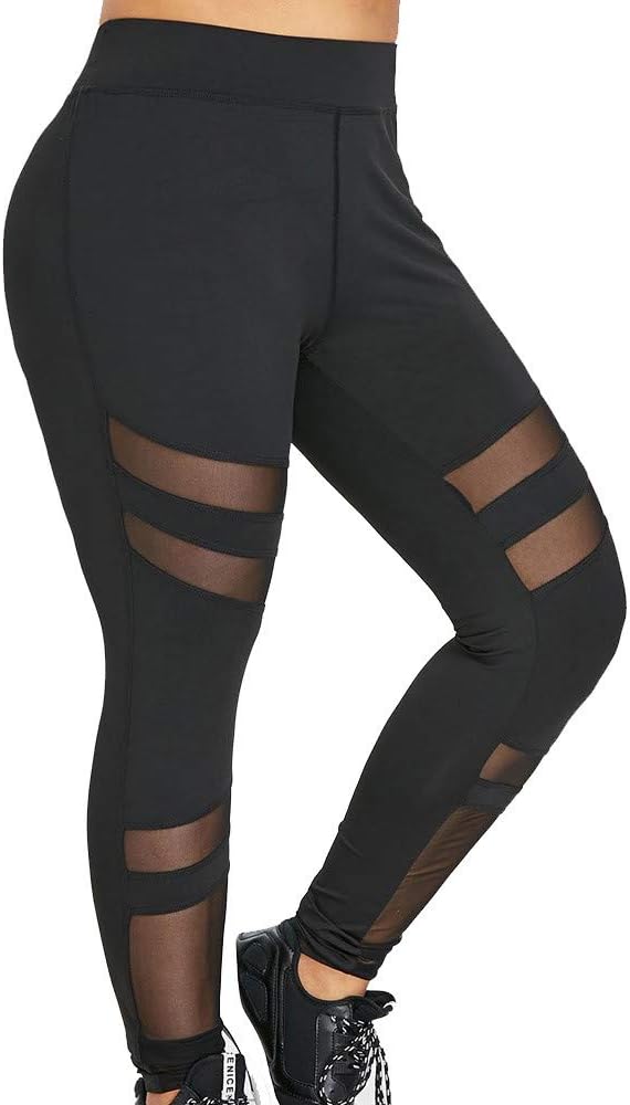 Women Mesh Patchwork Fitness Yoga Pants, Women Plus Size Mid Waist Solid Mesh Patchwork Elastic Sports Pants Trousers