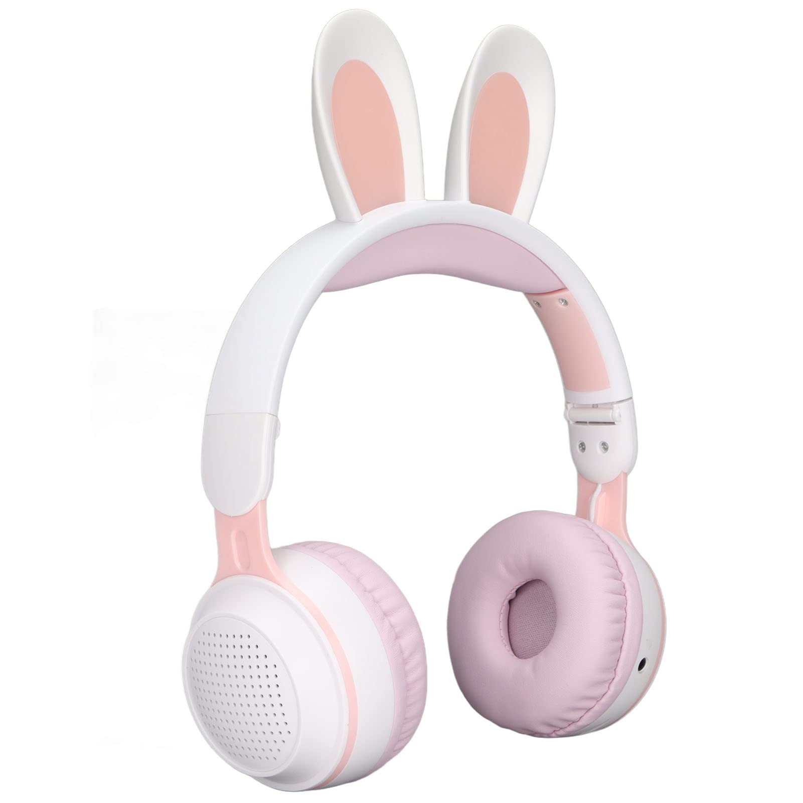 Foldable Bluetooth 5.0 Headphones with Microphone Cute Rabbit Ear Wireless Over Ear Headphones for Green Kids Teens Adults, 12 Hours of Listening Time, TF/Aux, Built in 7 Models LED Color(white pink)