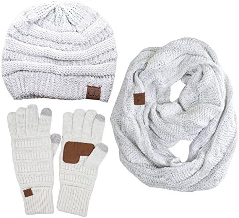 3pc Set Trendy Warm Chunky Soft Stretch Cable Knit Beanie Scarves Gloves Set