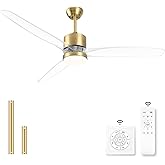 OKELI Clear Ceiling Fan with Light, 52 Inch Gold Transparent Ceiling Fans with Light and Remote 3 Reversible Blade LED Ceilin
