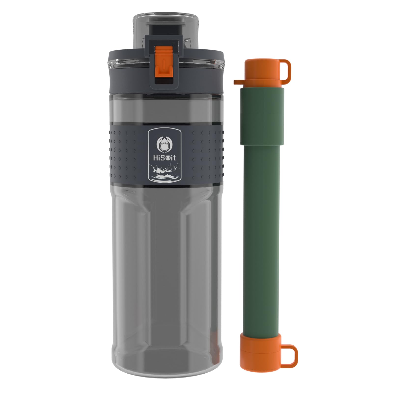 HISOIT 2-in-1 Water Filter Bottle with Straw 0.01μm Ultra-Filtration Reusable BPA Free Plastic For Outdoor Hiking Travel and Backpacking 17oz Grey Black