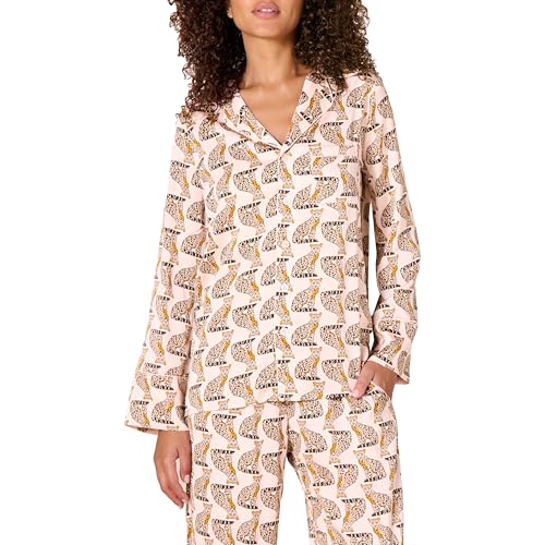 Amazon Essentials Damen Langärmeliges Schlafshirt aus Satin mit normaler Passform (Hose separat erhältlich), Blassrosa Zartrosa Leopardenmuster, M