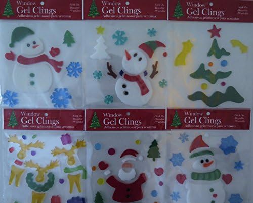 Christmas Window Gel Clings; Merry Christmas, Santa, Snowman, Penguin & More. Pack of 6 Assortment. Great Christmas decoration! Blue-Green Novelty