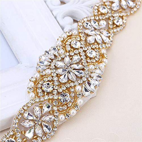 FANGZHIDI Bridal Rhinestone Appliques, 23.4 Inches Gold Beaded Patches with Sparkle Clear Crystal Stone and Pearls- Best for DIY on Wedding Dress, Sew on or Iron on Bridal Belt Sash, Wedding Cake