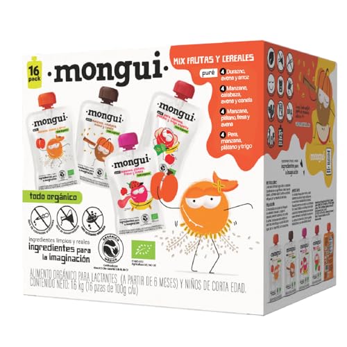 Snack orgánico para peques | Pack 16 pouches Mix Cereales 4 Recetas – Fresa, Avena, Pera, Espelta, Durazno, Arroz, Calabaza, Canela | Empresa B | MONGUI