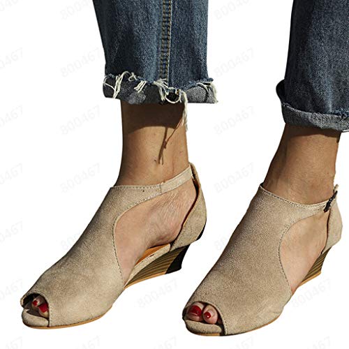Dermanony Womens Wedge Sandals Fashion Solid Low Heel Ankle Peep Toe Roma Sandals Ankle Strap Beach Casual Shoes Gray
