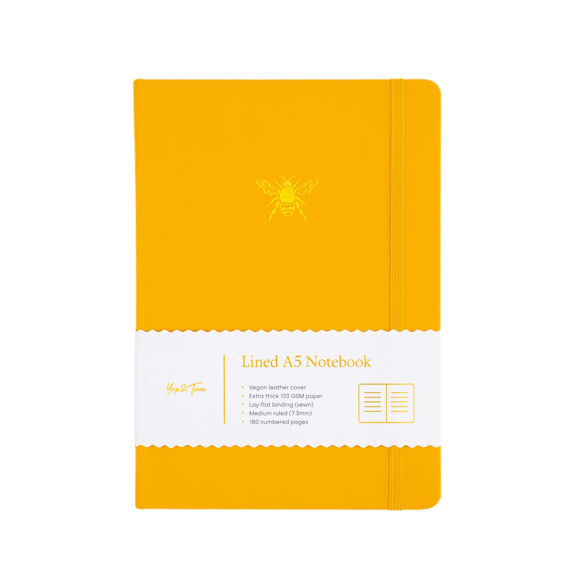 Yop & Tom Bee Lined Journal - Notebook With Beautiful Faux Leather Cover and Extra Thick 120 GSM Paper - Sunshine Yellow