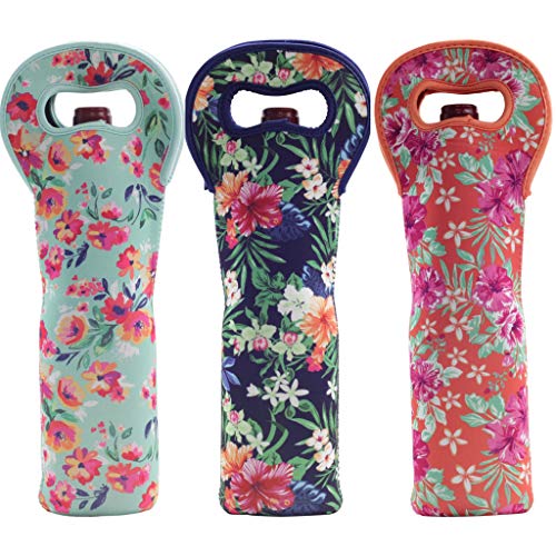 Wine Tote Carrier Bag from Made Easy Kit Neoprene Champagne Bottle Protective Travel or Gift Bag -Set of 3 (Floral Patters)