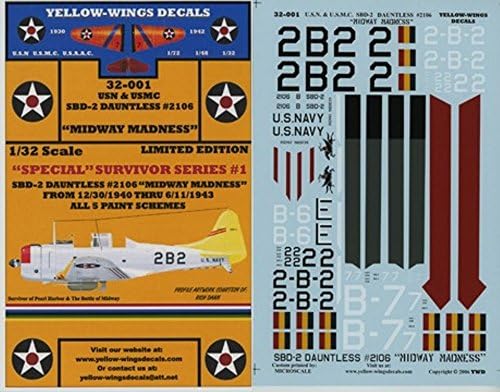 Yellow Wings Decals 1:32 USN USMC SBD-2 Dauntless 2106 Midway Madness #32-001