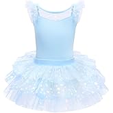 IDOPIP Girls Glitter Star Tutu Skirted Leotard Sequin Ruffle Sleeve Ballet Dance Dress Ballerina Dancewear Gymnastics Costume