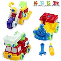 SAKIBO Take Apart Train Fire Fighter Motorbike and Tools STEM Kit for Kids Educational Construction Engineering Creative Fun Build Your Own Toy for Boys Girls Aged 3+