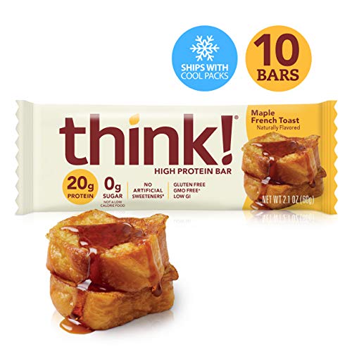 think! (thinkThin) High Protein Bars – Maple French Toast (Maple Almond), 20g Protein, 0g Sugar, No Artificial Sweeteners, Gluten Free, GMO Free*, 2.1 oz bar (10Count – Packaging May Vary)