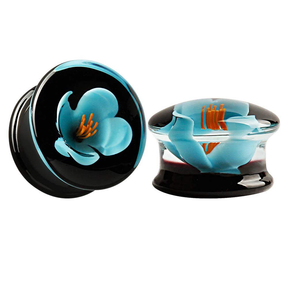 KUBOOZ (1 Pair Handmade Blue Flower Earrings Glass Tunnels Gauges Piercings Stretcher, Glass