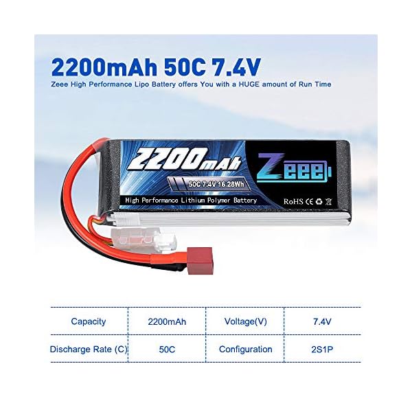 Zeee 2S Lipo Akku 7,4V 50C 2200mAh RC Batterie mit Deans T Stecker für RC Auto Truck Flugzeug Heilikopter Boot RC Hobby… – Bild 5
