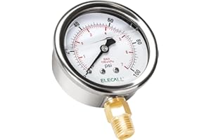 ELECALL 100psi Silicone Oil Filled Pressure Gauge for Water Oil Air Pressure Test in Pool Pump Sand Filter Air Compressor Water System, 2-1/2" Stainless Steel Case, Lower Mount 1/4" NPT