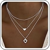 Andelaisi Boho Layered Heart Necklace Choker Tiny Love Heart Pendant Necklace Round Italian Snake Chain Necklace Hollow Heart Love Necklace Chain for Women