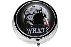 YUYUCD 3 Compartment Travel Pill Case, Sealed Portable Pill Container for Pocket Purse, Mini Size Metal Pill Box, Three Times a Day Pill Organizer for Men, Women and Children - The Cat with The Knife