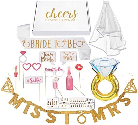 Bachelorette Party Decorations Kit // Bridal Shower Supplies with Cheers Gift Box: Veil &amp; Bride-To-Be Sash, Bride Tribe Tattoos, Diamond Ring Balloon, Photo Booth Props &amp; Miss to Mrs. Banner
